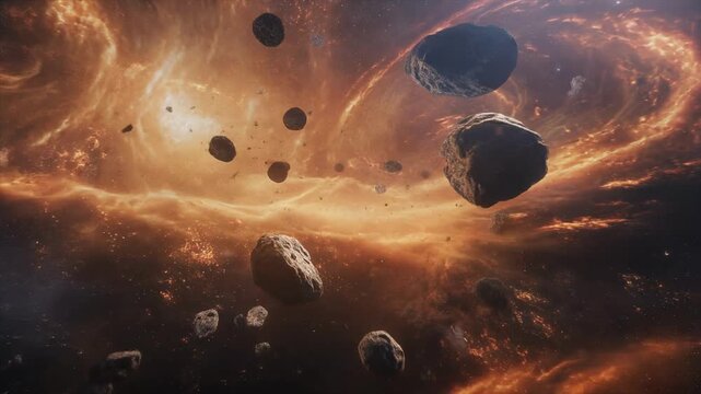 Firefly diving into vibrant cosmic storm with swirling gases and drifting asteroids in deep space