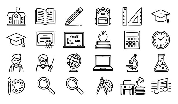 Education icon set line art illustration of school supplies learning tools and academic achievements