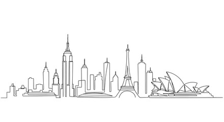 Fototapeta premium Continuous Line Art of Famous City Skyline Architecture
