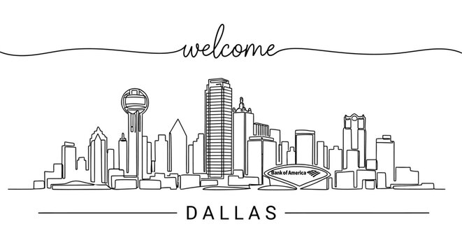 Continuous Line Art of Dallas Skyline with 'Welcome' Text
