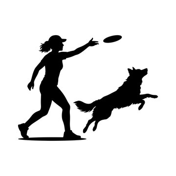 Black silhouette icon of a person throwing a frisbee with a dog representing play, sport, pet activity, and recreation.