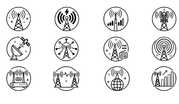 Telecommunications network icons set wireless communication towers signal strength and data transmission illustrations