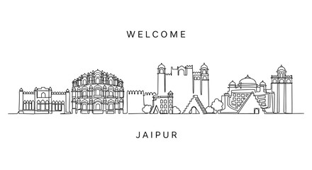 Fototapeta premium Jaipur City Skyline Illustration - Welcome Greeting, India Architecture