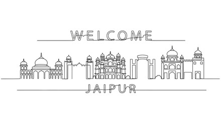 Fototapeta premium Jaipur Skyline Continuous Line Drawing with Welcome Text