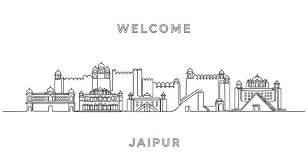 Fototapeta premium Jaipur Skyline Illustration: India Landmark Panorama, Line Art