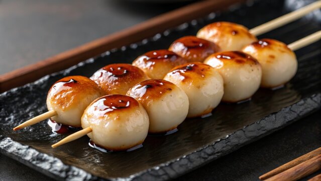 Traditional mitarashi dango served on a black plate with a glossy glaze and skewers in a Japanese setting