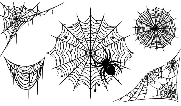 Halloween spiderwebs collection with black widow spider and decorative web designs for seasonal graphics