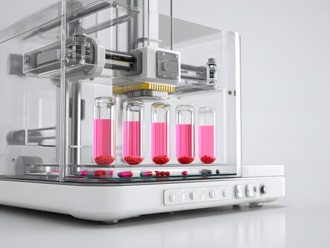 Advanced laboratory 3D printer producing multiple pink chemical test tubes with precision and automation in a modern science lab