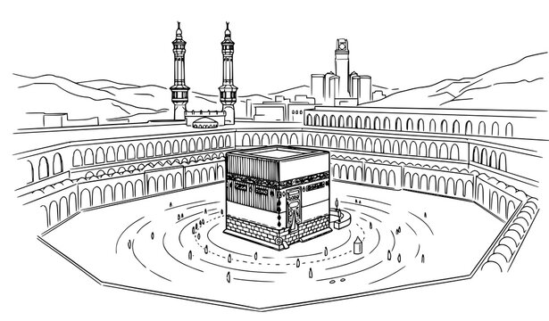 Detailed line art illustration of the kaaba in mecca with the masjid al haram and surrounding cityscape