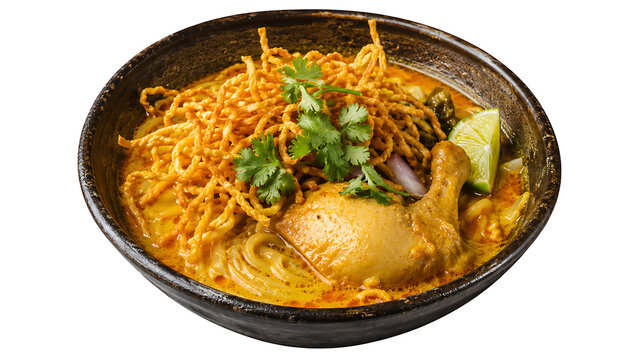 Khao Soi Gai Thai Coconut Curry Noodle Soup with Chicken on Transparent Background