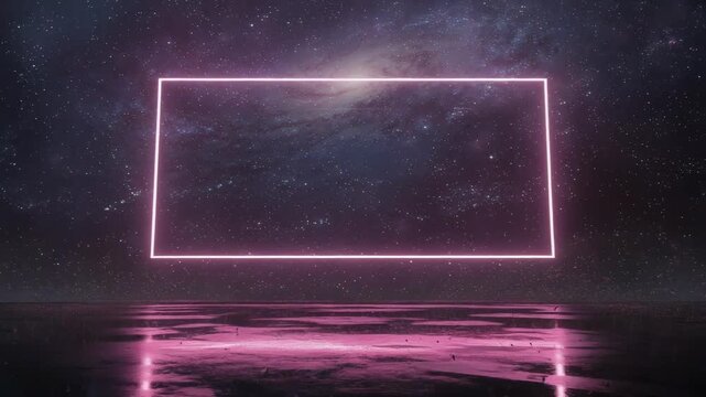 Cosmic landscape featuring a glowing pink frame reflected on calm ocean waves at sunset
