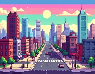 Fototapeta premium Colorful illustration of a city street with tall buildings