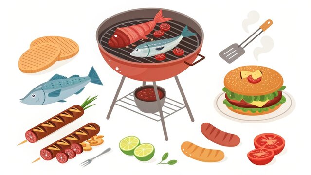 Picnic setup with a cartoon barbecue grill featuring meats, fish, and delicious sides for a fun outdoor gathering