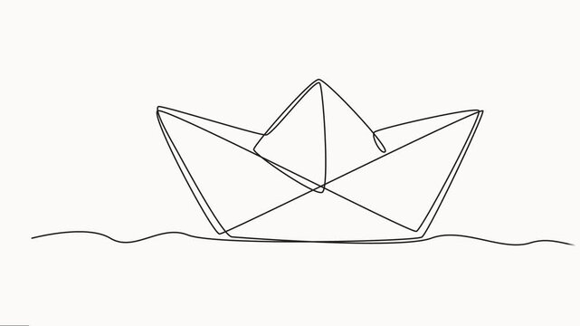 paper boat sailing on the water river. Origami toy concept. Full length one line animation, Paper boat continuous one line drawing animation video, continuous line draw, logo, self-drawing line.