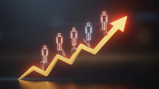Dynamic visual of growth with ascending figures on arrow symbolizing business progress and success