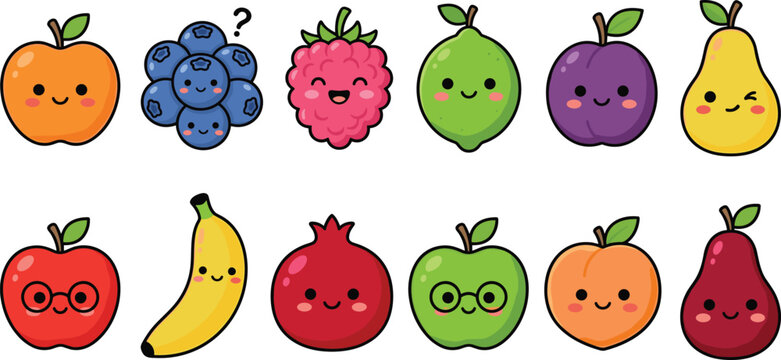 cute fruit character set featuring kawaii apple banana pear blueberry raspberry lime plum pomegranate and peach for kids stickers and nursery decor
