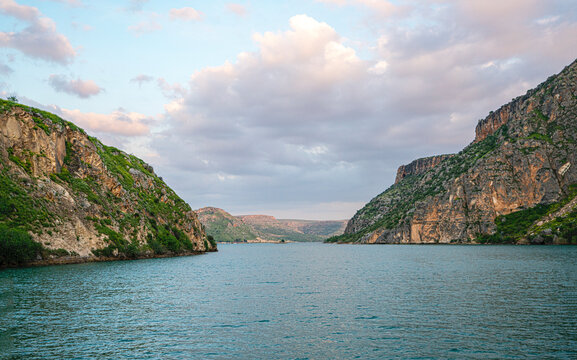 The scenic sunset views of the Rumkale, a ruined fortress on the Euphrates, located in the province of Gaziantep and 50 km west of Şanlıurfa, Turkey
