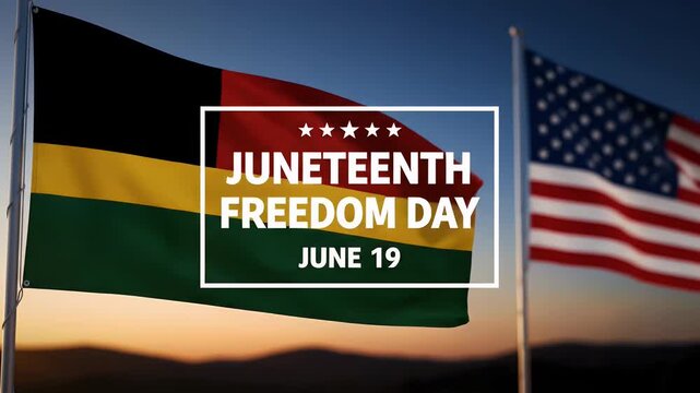 Juneteenth Freedom Day celebration with the Pan-African and American flags at sunset