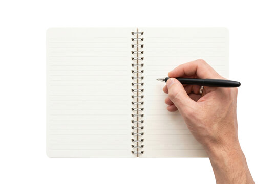 Spiral notebook with pen in hand top view isolated. Stationery writing mockup template.