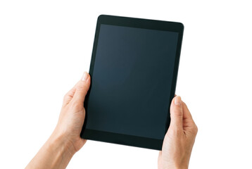 Black tablet computer in hands isolated. Modern digital device mockup. © PNG Lab