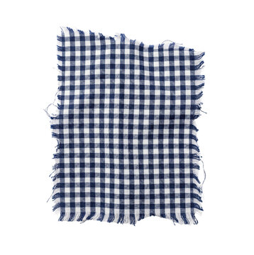 Blue and white gingham fabric scrap top view isolated. Textile material swatch.