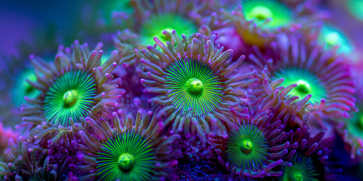 vibrant living coral polyps with radiating tentacles and zooxanthellae symbiosis