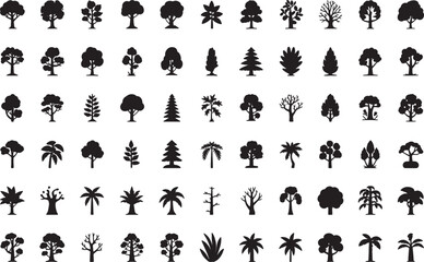 Obraz premium Set of black tree icons and forest plant silhouettes