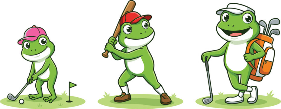 cute green frog character sports set featuring cartoon frogs playing golf and baseball with athletic gear for kids illustrations and nursery decor