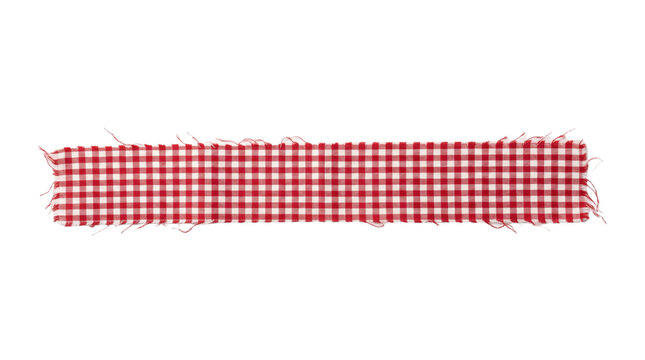 Long red and white checkered fabric strip top view isolated. Country style ribbon mockup.