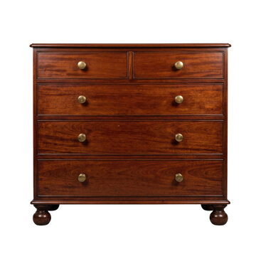 Vintage dark wood dresser with five drawers isolated. Bedroom furniture mockup.