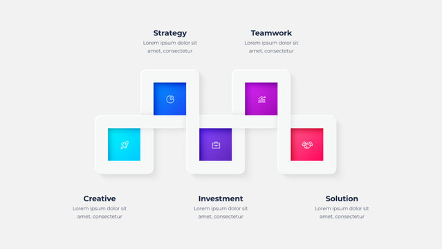 Five Step Business Planning Diagram with Vertical Cards and Team Strategy Structure