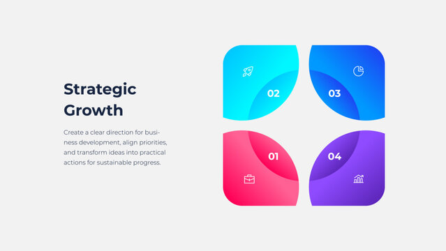 Four Step Strategic Growth Diagram with Numbered Sections and Presentation Layout