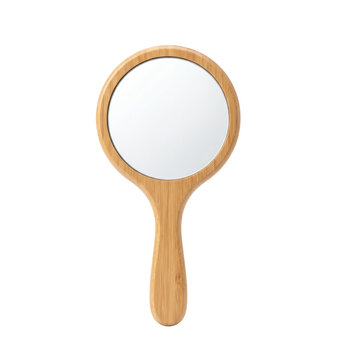 Bamboo handheld mirror front view isolated. Eco friendly vanity accessory mockup.