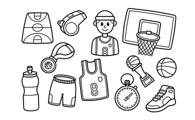Basketball Doodle Outline Set Sport Equipment Player Collection © andinur