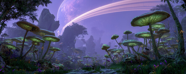 Fototapeta premium alien planet surface with giant glowing fungi forest in thick fog hazy sky