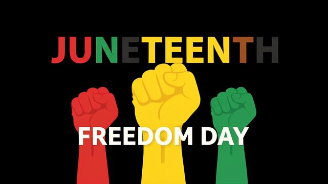 Juneteenth freedom day celebration with raised fists in pan-african colors on black.