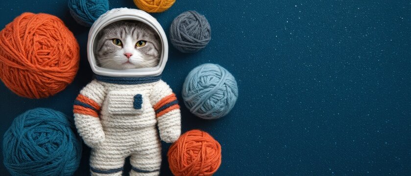 Cute Tabby Cat Wearing Knitted Astronaut Suit Floating in Outer Space With Soft Yarn Ball Planets Cozy Cosmic Fantasy Illustration