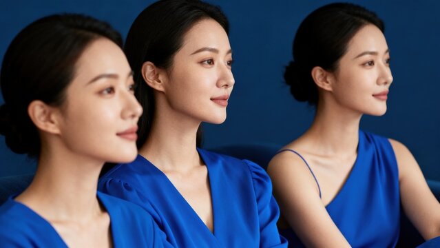 Three women in blue dresses seated together