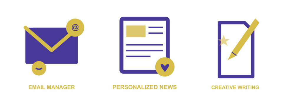 Set of icons representing email management personalized news and creative writing.