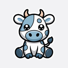 Fototapeta premium Cute cow, blue and white cartoon animal, sticker illustration, farm creature