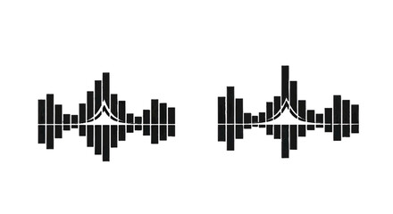 Naklejka premium Minimal black silhouette icon, simple flat vector, bold black shape, no, no shading two abstract sound wave equalizer icons with a bridge silhouette on a, flat icon style