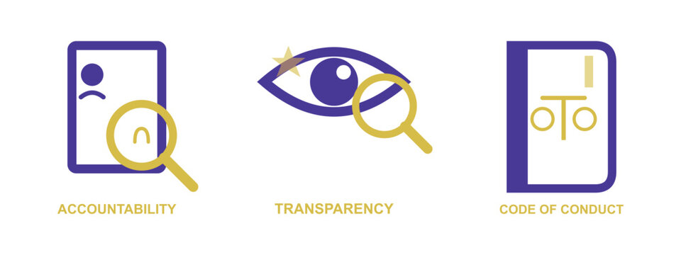 Set of icons featuring corporate accountability transparency and code of conduct.