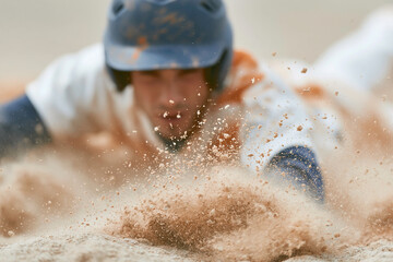 Fototapeta premium Young athlete dives through dirt, grit flying. Helmeted player focuses on goal, gritting through dust. Energy bursts as he slides hard, full commitment. Dirt swirls around his body, emphasizing motion