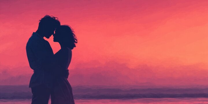 Romantic couple embracing in silhouette on sandy beach during sunset with warm orange sky reflection over ocean horizon and peaceful coastal evening atmosphere