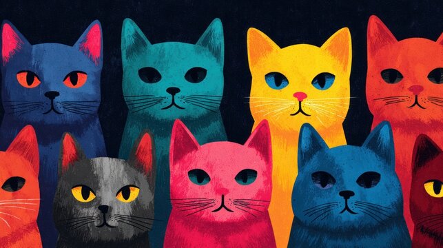 Group of colorful cats arranged in flat artistic illustration style with bold solid background colors and playful modern graphic composition