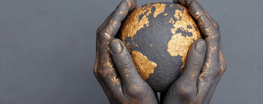 Human hands painted in dark grey holding gold and black earth globe model symbolizing global care responsibility and environmental awareness concept