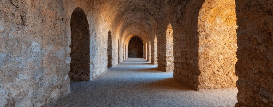 Ancient Stone Corridor With Vaulted Arches In Historical Building Interior Perspective View Representing Classical Architecture Heritage And Timeless Structural Elegance