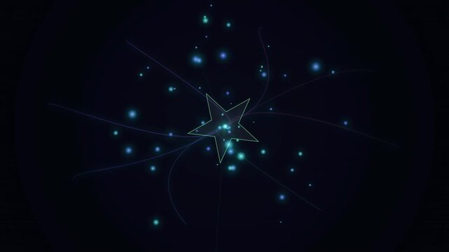 Abstract glowing neon star with radiating particles and light trails on a dark background for motion graphics