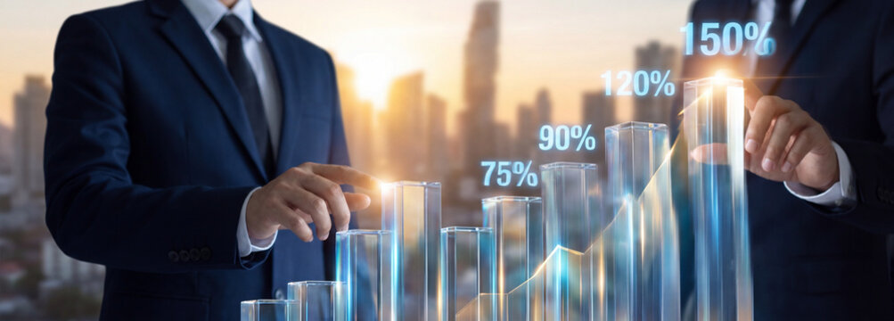 Businessman Touching Glowing Crystal Bar Chart Showing Growth Percentage from 75 to 150 with City Sunset Background Business Success