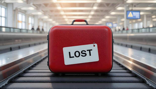 Red suitcase with 'LOST' tag on conveyor belt at airport